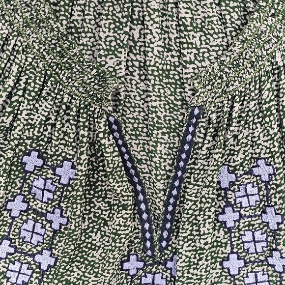 Rungolee Barcelona Embroidered Blouse Size XXS Silk Crepe V Neck Top Green Blue - Picture 4 of 6